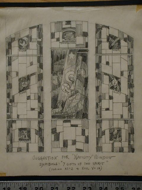 [Design drawing for stained glass Nativity Window...