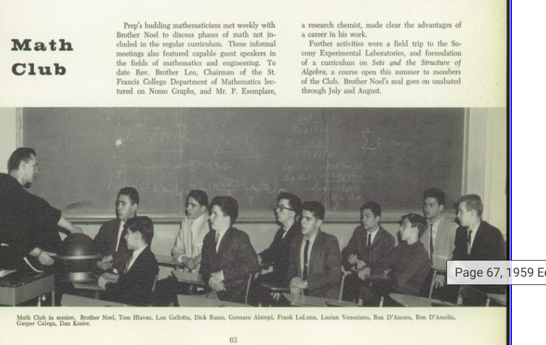 Thomas Hlavac in 1959 Yearbook for St Francis Preparatory School's Math Club