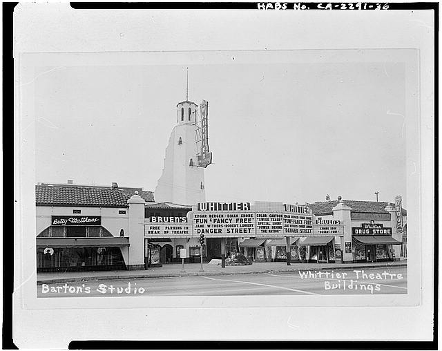 36. POSTCARD OF THE WHITTIER THEATRE COMPLEX, c. 1940 -...