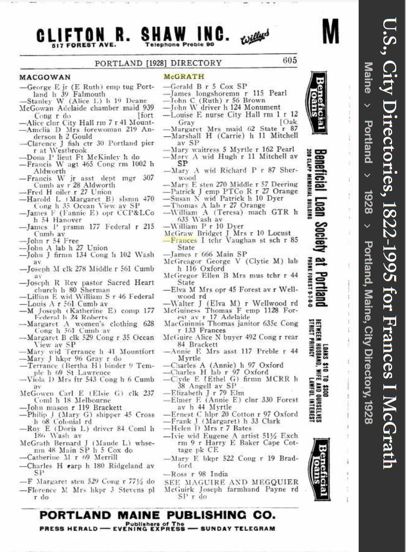 Frances Irene Connellan-McGraw--U.S., City Directories, 1822-1995(1928)