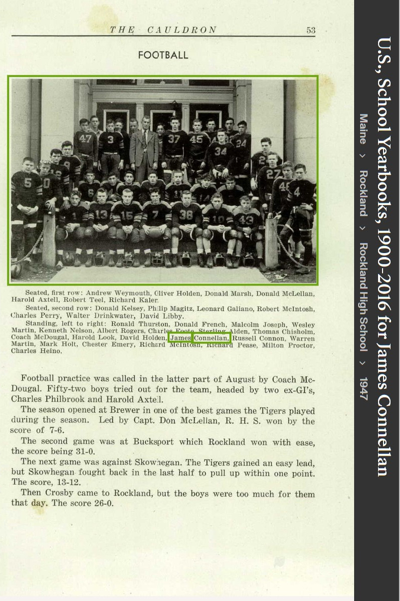 James Mcdevitt "Jimmy" Connellan--U.S., School Yearbooks, 1900-2016(1947)Football