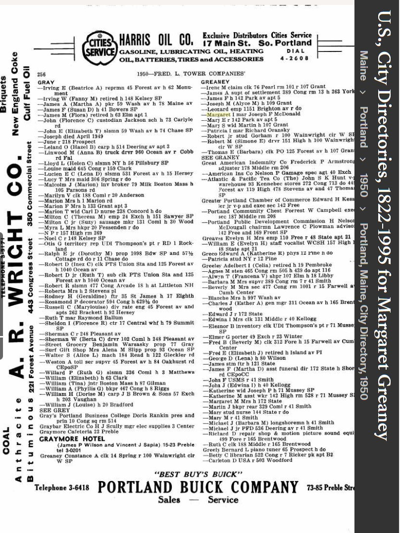 Margaret Irene (Greaney) McDonald --U.S., City Directories, 1822-1995(1950)