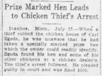 Prize Marked Hen Leads to Chicken Thief's Arrest