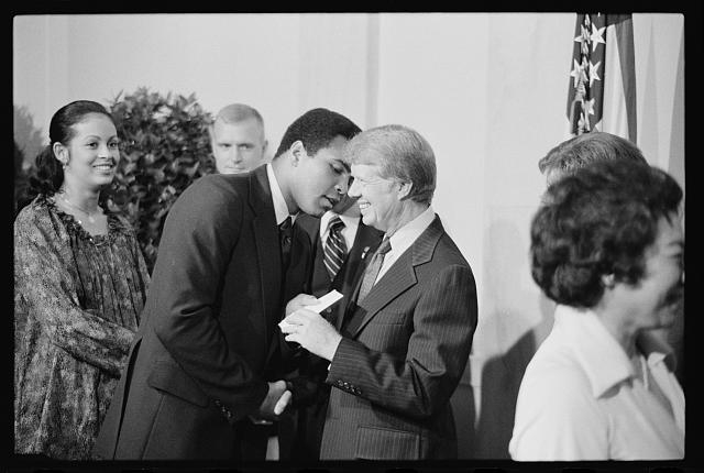 [President Jimmy Carter greets Mohammed Ali at a White...