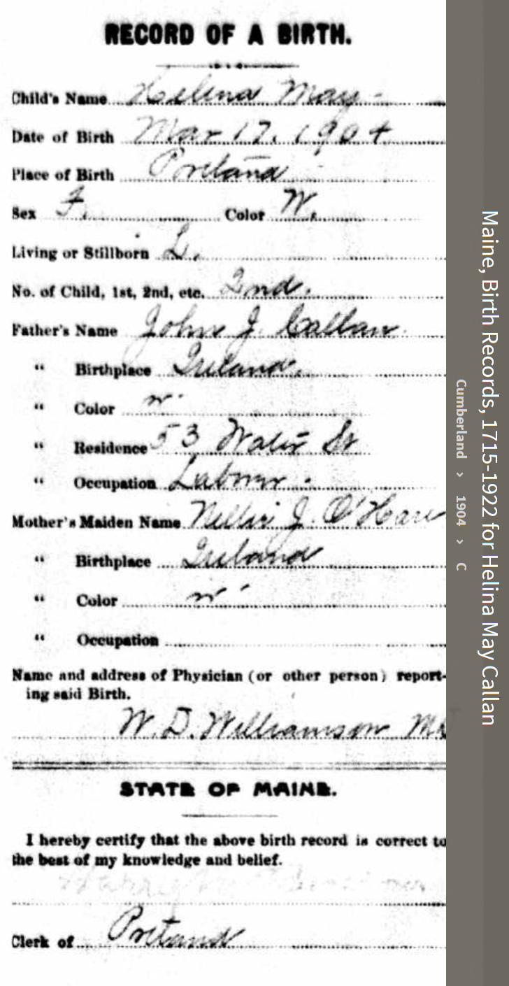 Helena May Callen-Guiney--Maine, Birth Records, 1715-1922(1904)
