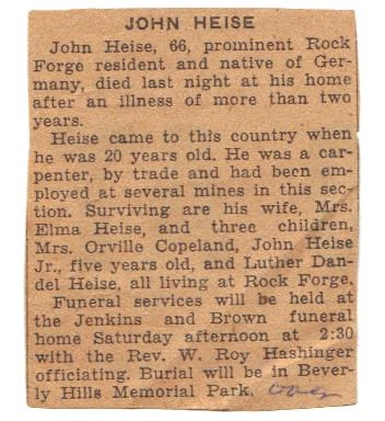 John Heise Obituary 1932.