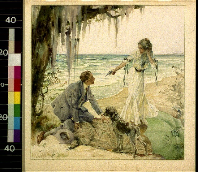 [Woman pointing gun at man laying blanket on beach]