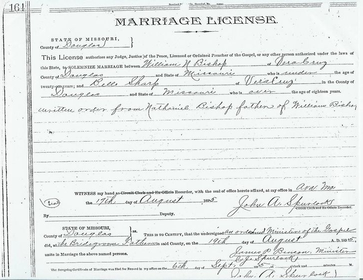 Marriage License of William Nathaniel Bishop