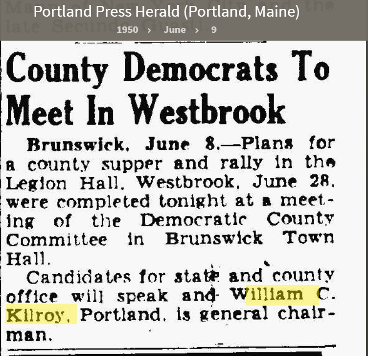 William Carrol Kilroy--Portland Press Herald (Portland, Maine)(9 jun 1950)