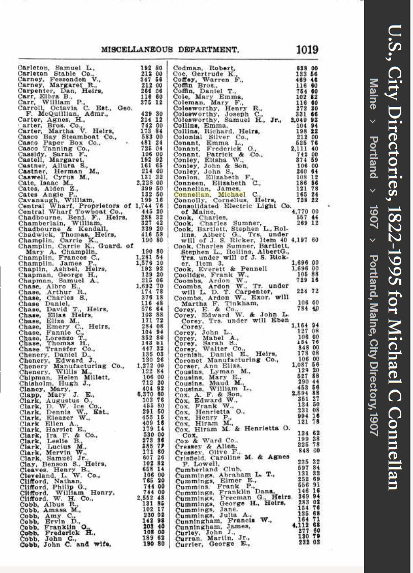 Michael Charles Connellan--U.S., City Directories, 1822-1995(1907)