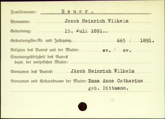 Birth index card of Jacob Heinrich Wilhelm Bauer from the Flensburg City Archives