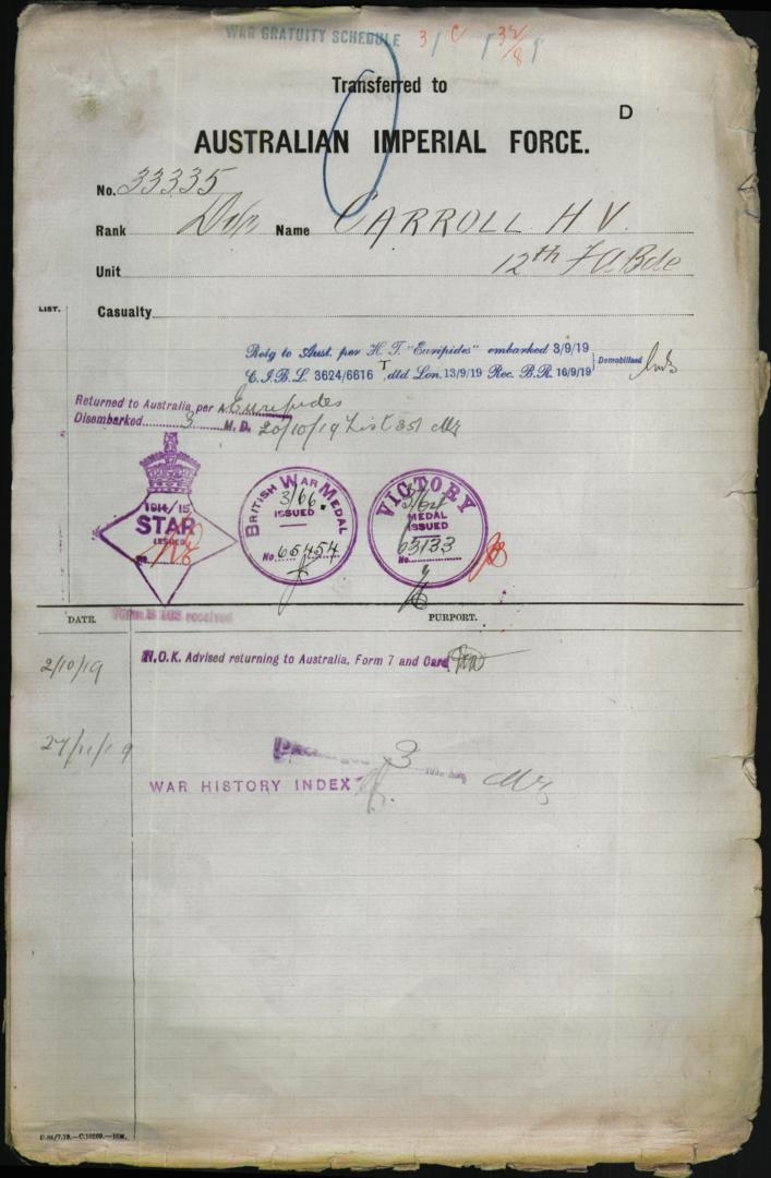 Harold Vincent Carroll Military Record