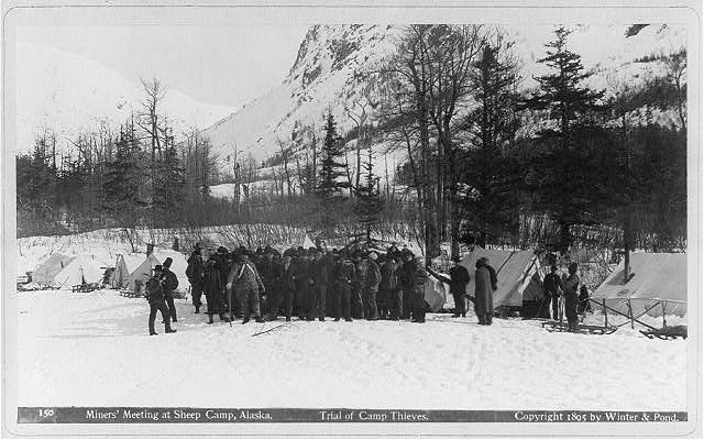 Miners' meeting at Sheep Camp, Alaska. Trial of camp thieves