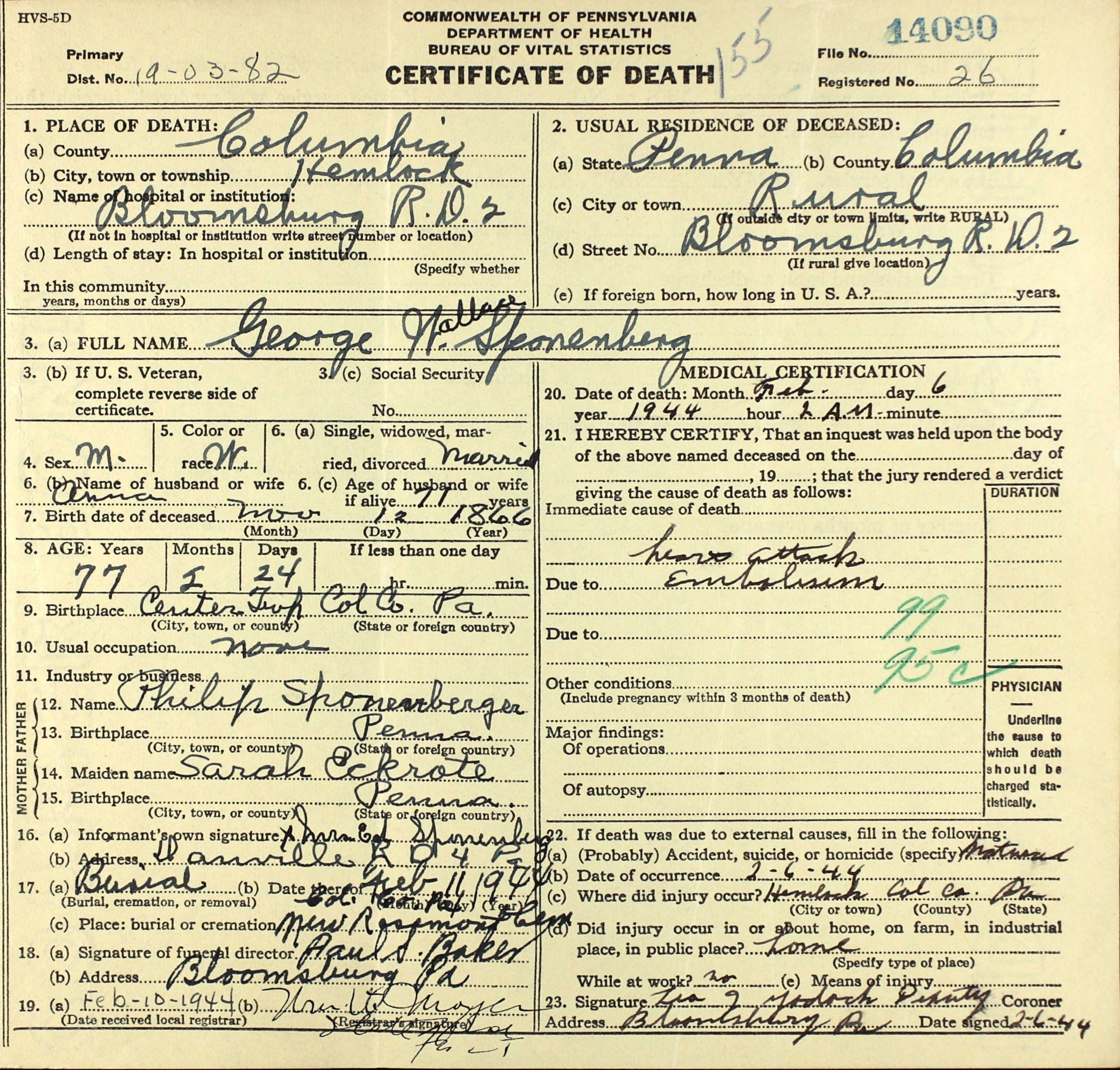 George Wallace Sponenberg death certificate