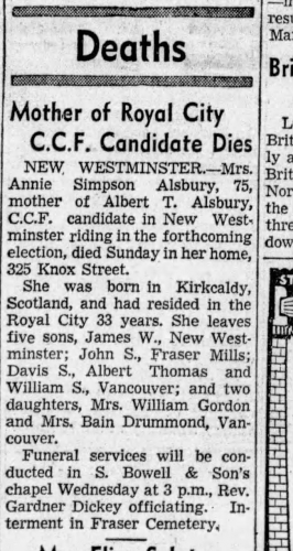 Mother of the Royal City CCF Candidate Dies, Annie Simpson Alsbury