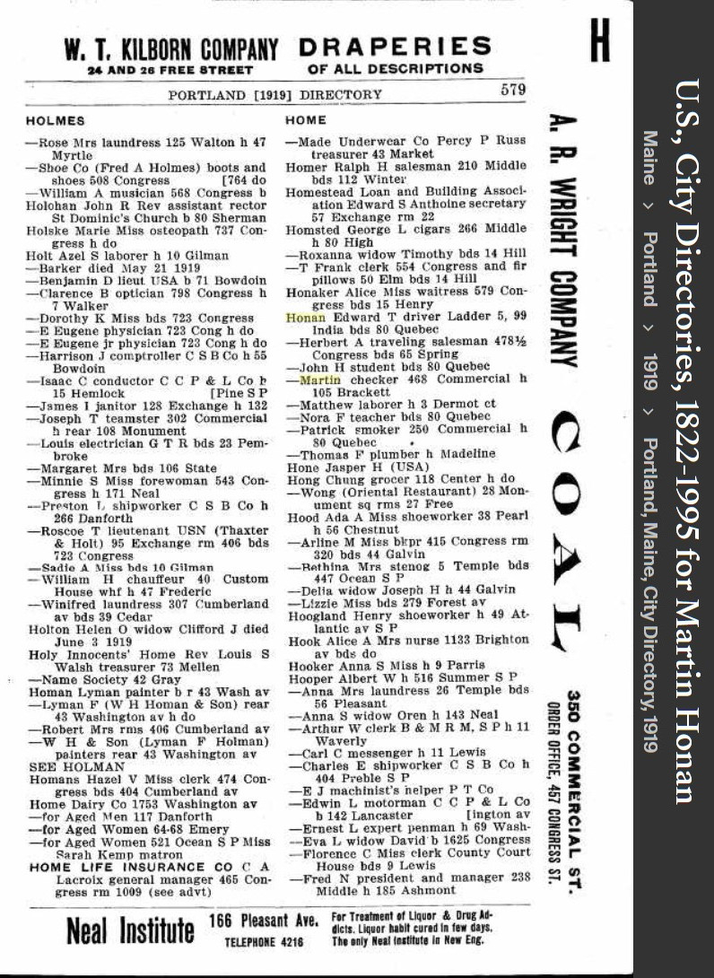 Martin Matthew Honan  Sr--U.S., City Directories, 1822-1995(1919)
