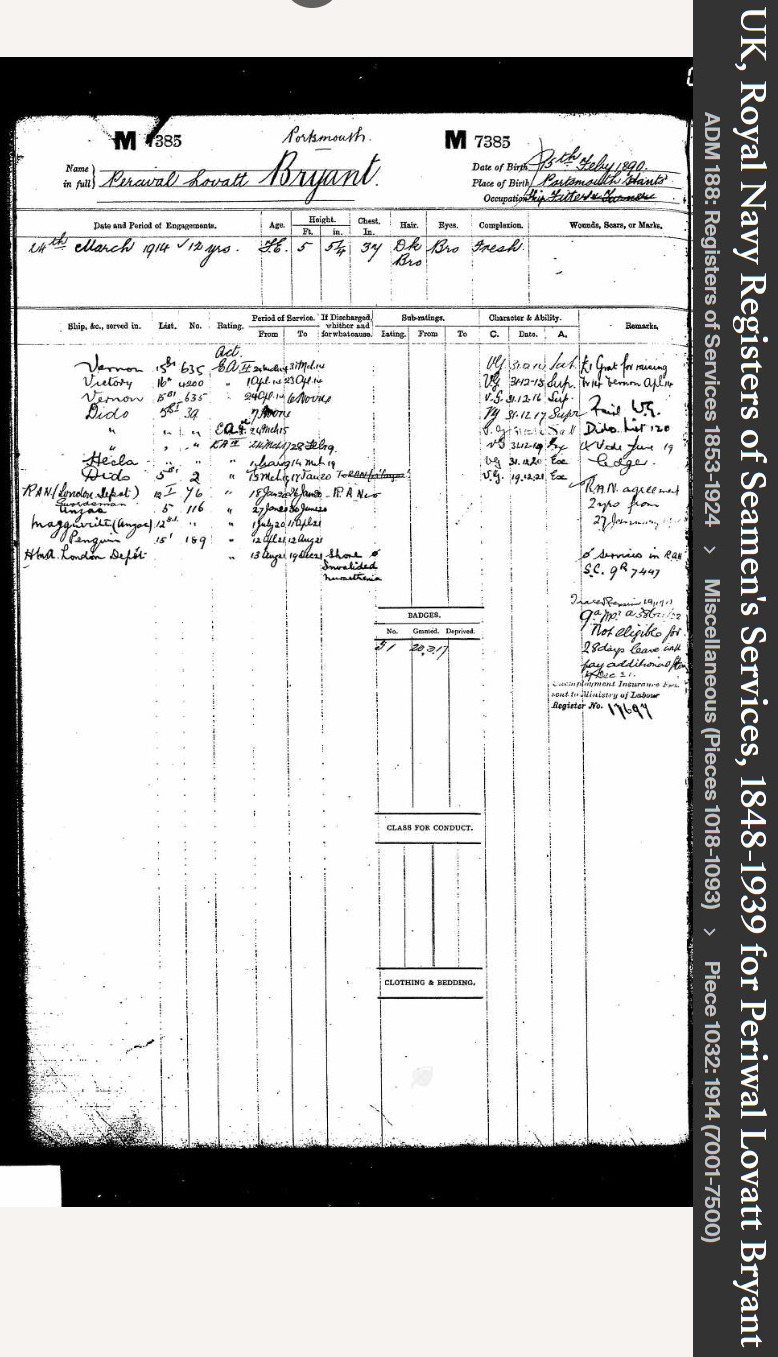 Percival Lovatt “Percy” Bryant--UK, Royal Navy Registers of Seamen's Services, 1848-1939