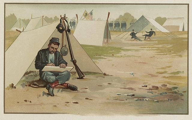 [Union soldier making a drawing while sitting in front of...