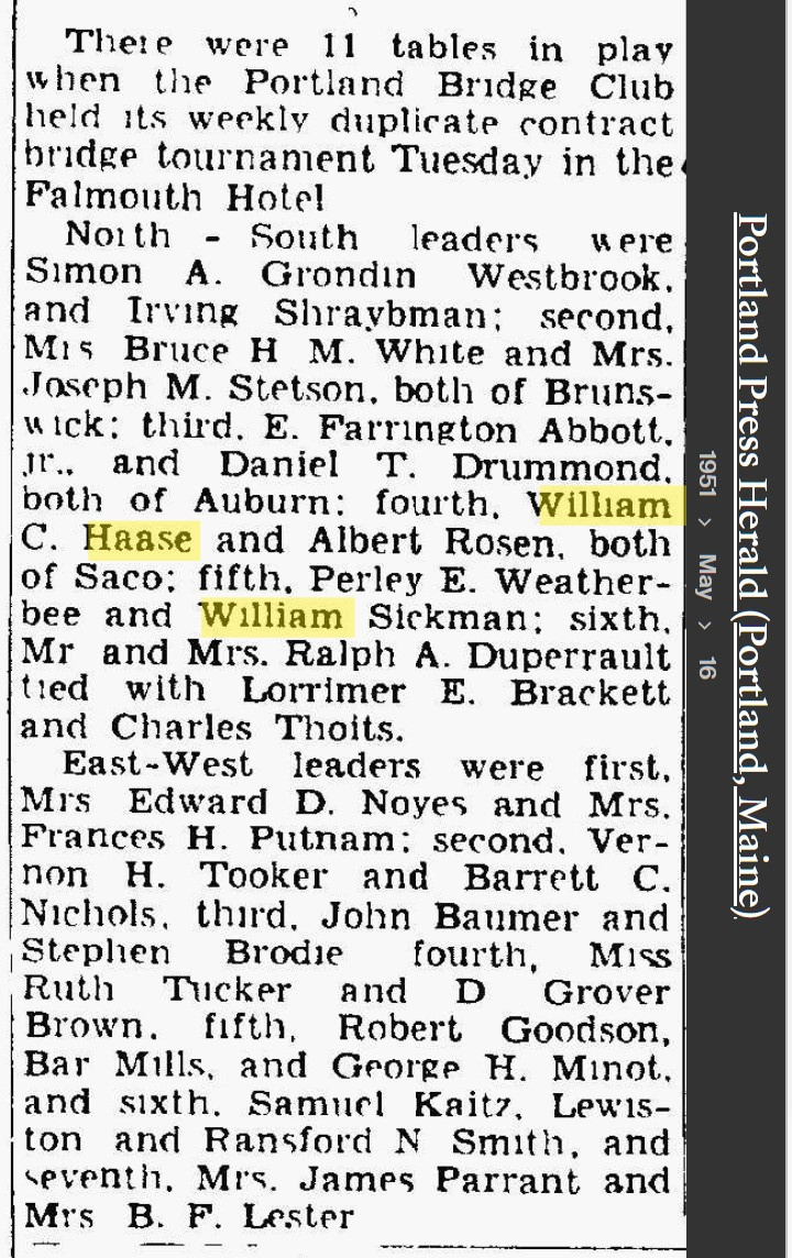 William Ernest Carl "Billy" Haase--Portland Press Herald (Portland, Maine)(16 may 1951)