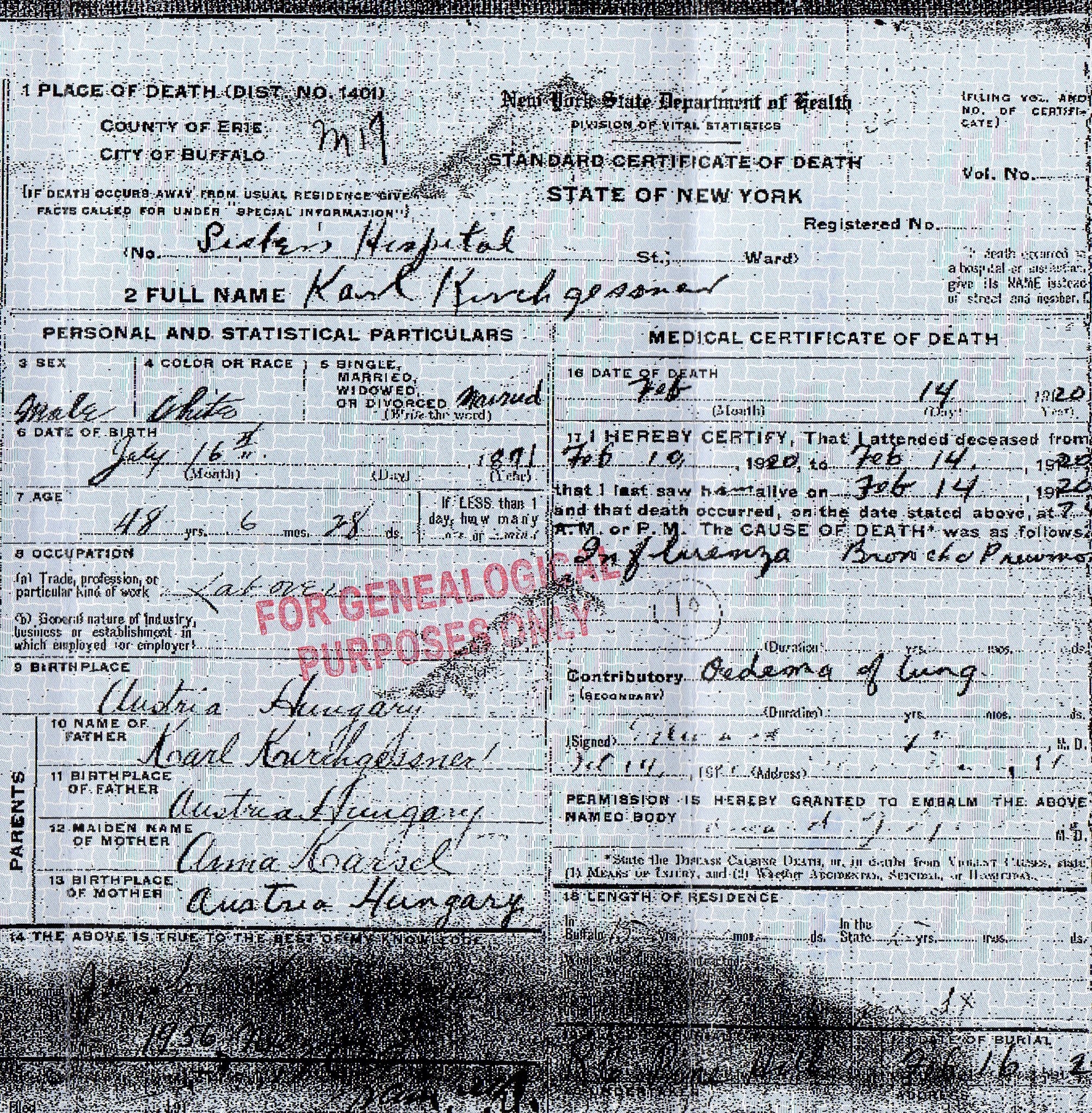 Karl Kirchgassner death certificate