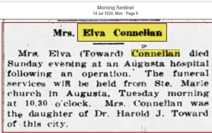 Elva H (Toward) Connellan--Funeral Notice 14 Jun 1924