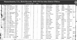 John Edwin "Eddy" Obrien --Massachusetts, U.S., Birth Records, 1840-1915(1907)