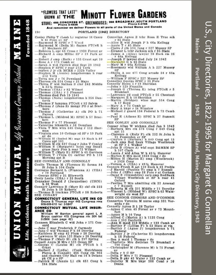 Margaret Gertrude Connellan--U.S., City Directories, 1822-1995(1943)