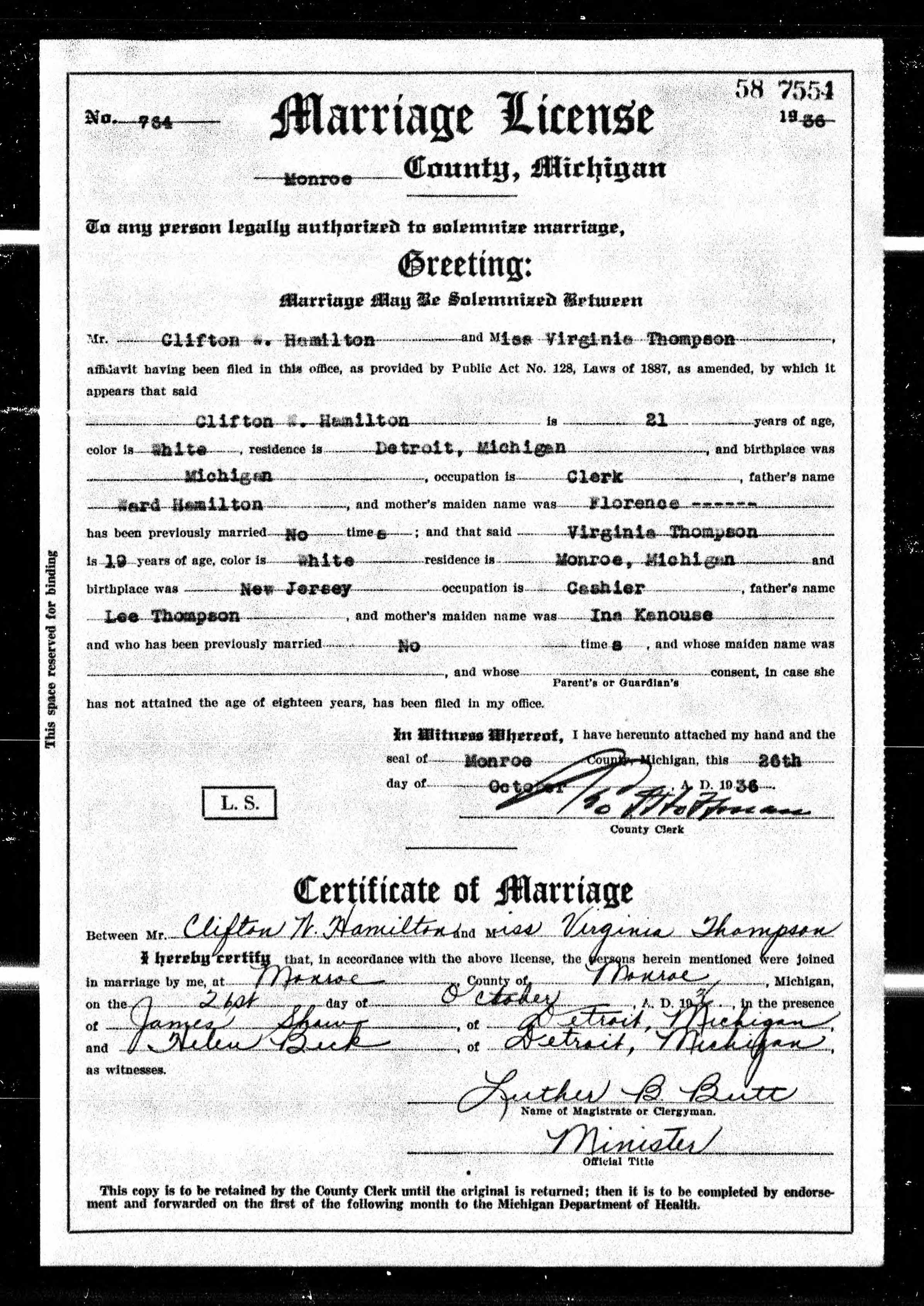 Clifton Hamilton married Virgina Thompson. With The Shaw family 