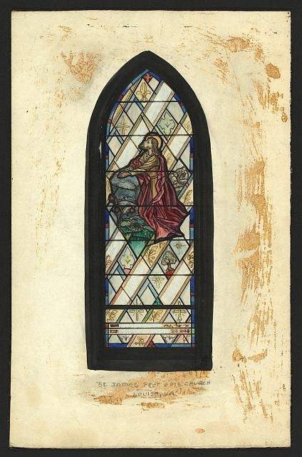 [Design drawing for stained glass window showing The...