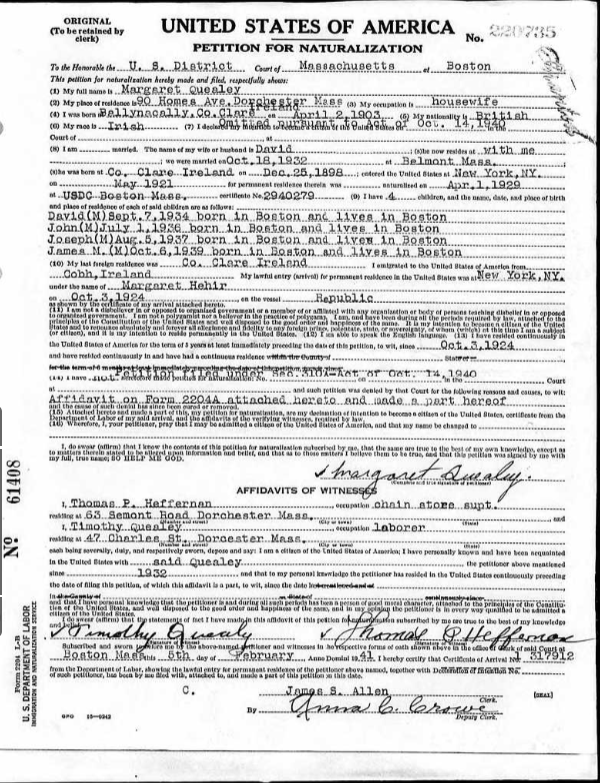 Margaret E. (Hehir) Quealey--Massachusetts, U.S., State and Federal Naturalization Records, 1798-1950(1941)