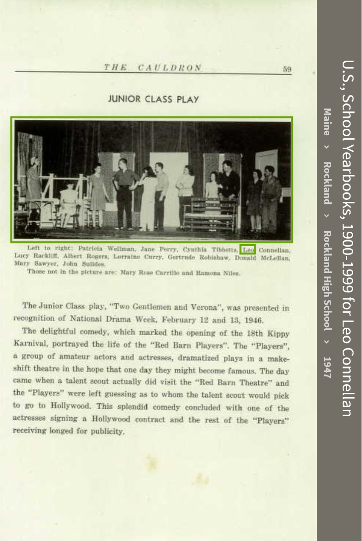 Leo Richard Connellan--U.S., School Yearbooks, 1900-1999(1947)junior class play