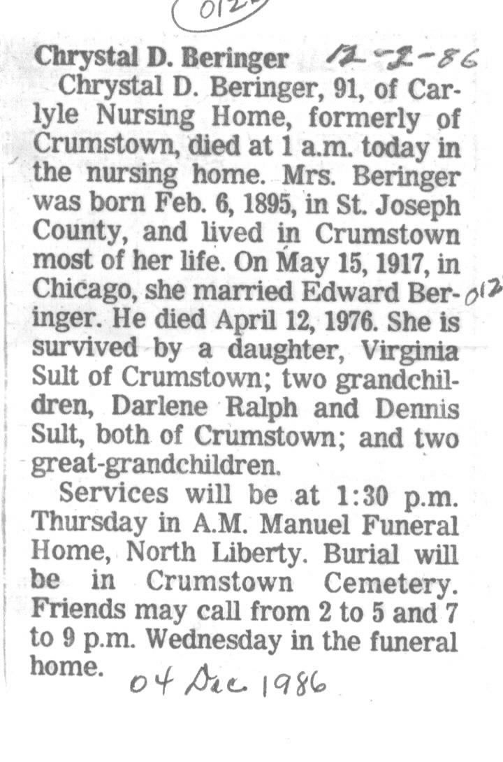 Obituary, Chrystal Beringer