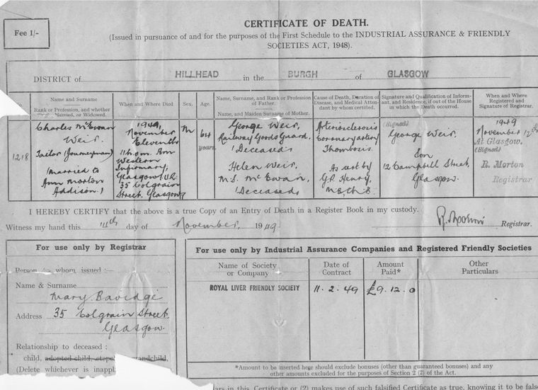 Charles Weir  Death Certificate, UK