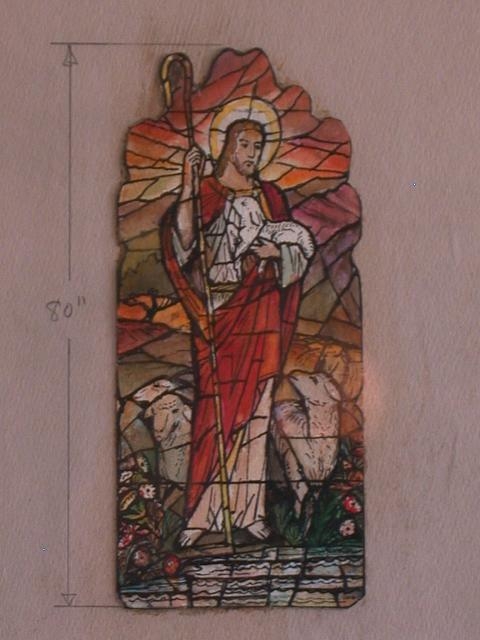 [Design drawing for stained glass window with Christ as...