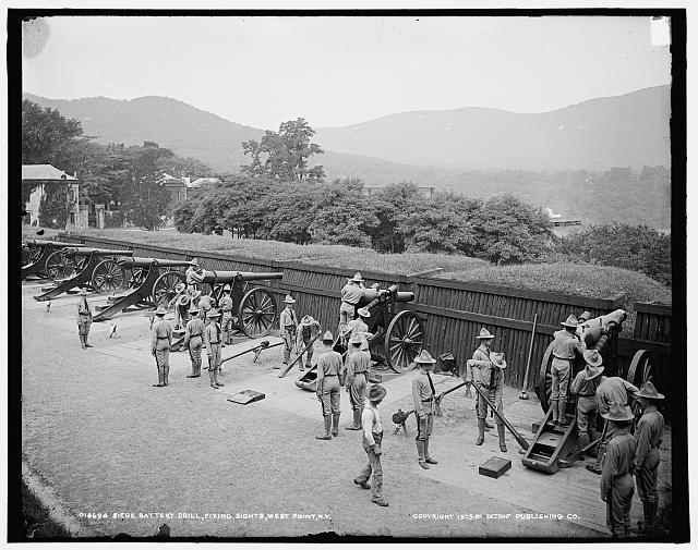 Siege battery drill, fixing sights, West Point, N.Y.
