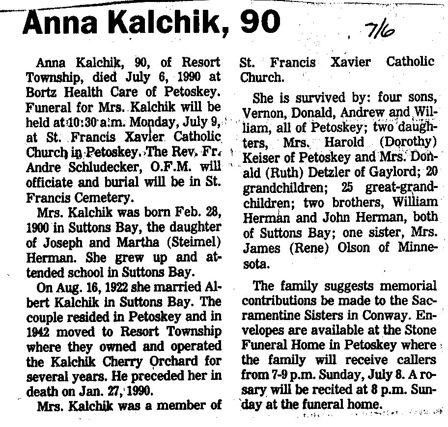 Anna Kalchik Obituary. Michigan