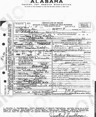 Death certificate of Dovie (Wells) Nobles