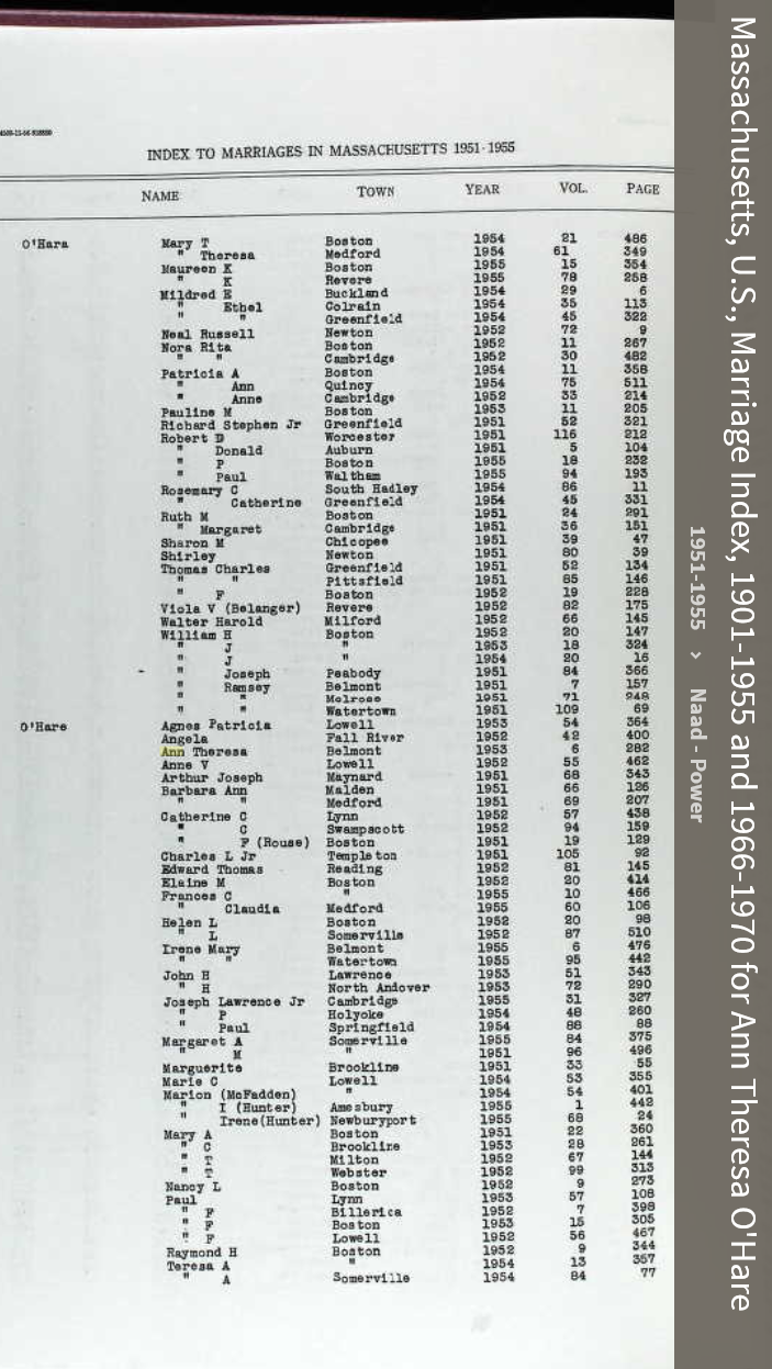 Ann Theresa O'Hara-Smith--Massachusetts, U.S., Marriage Index, 1901-1955 and 1966-1970(1951-1955)