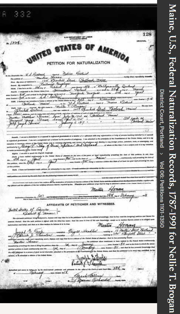 Martin Matthew Honan Sr--Maine, U.S., Federal Naturalization Records, 1787-1991 a