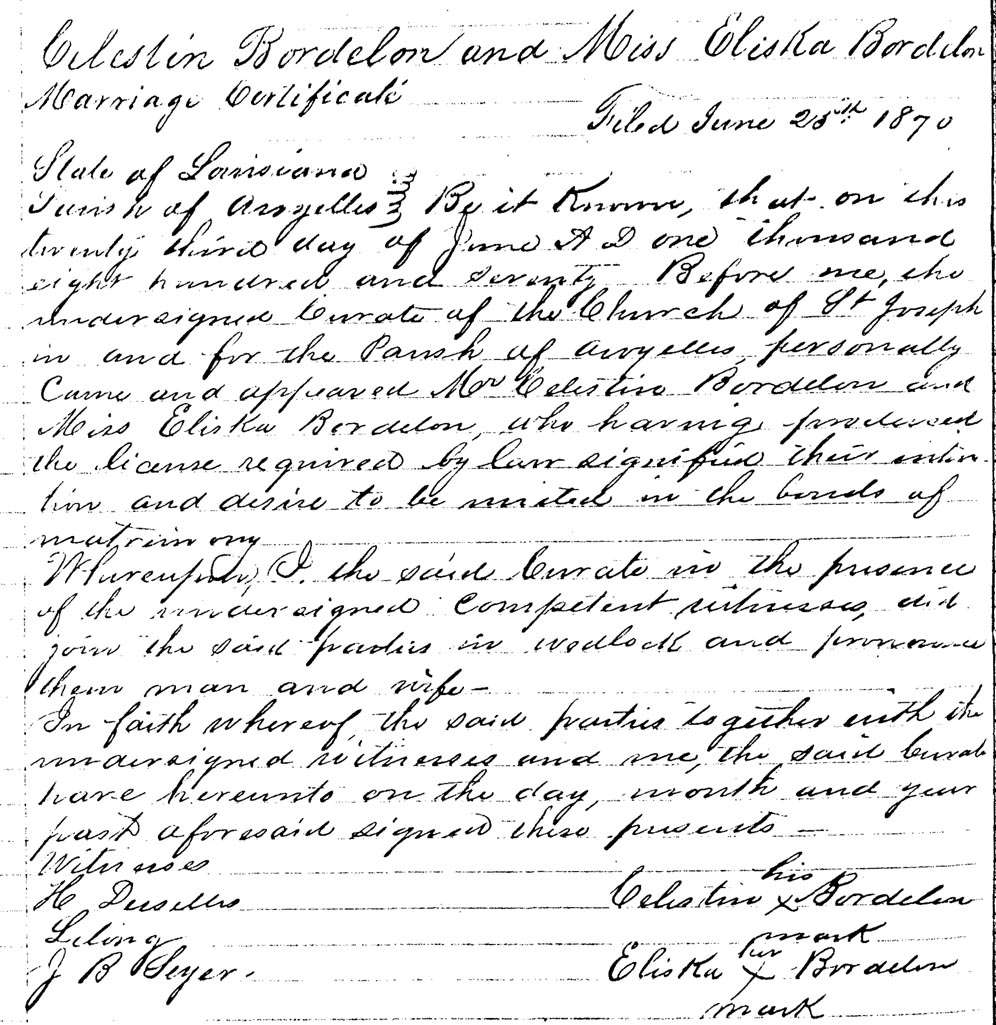 Marriage License of Celestin Bordelon and Eliska Bordelon 1870