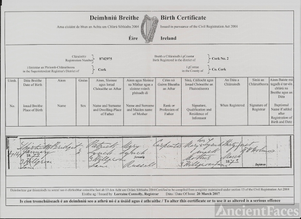 Bridget Mary Lynch Birth Certificate