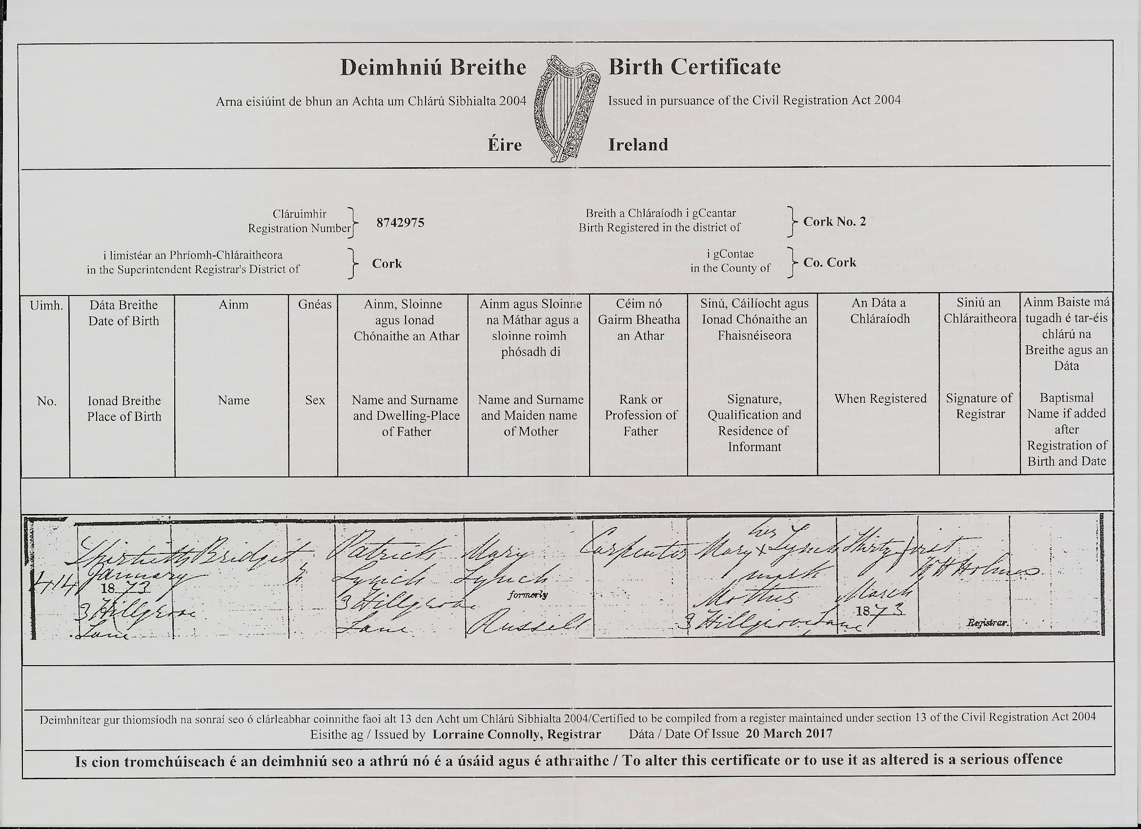 Bridget Mary Lynch Birth Certificate