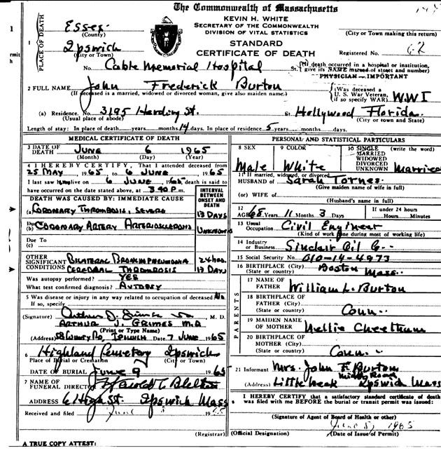 Death Certificate of John Frederick Burton