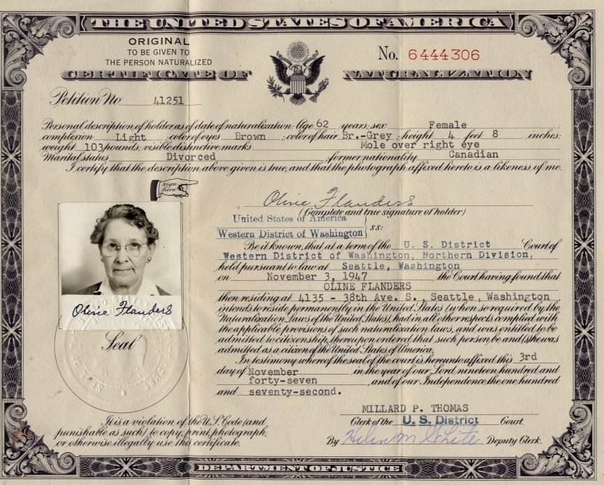 Oline Flanders Naturalization Certificate