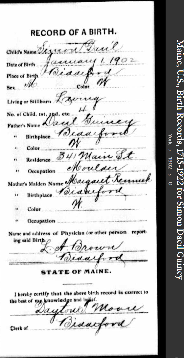 Simeon Dacil Guiney--Maine, U.S., Birth Records, 1715-1922(1902)