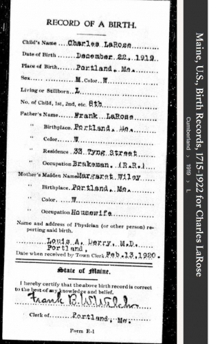 Charles William LaRose--Maine, U.S., Birth Records, 1715-1922(1919)