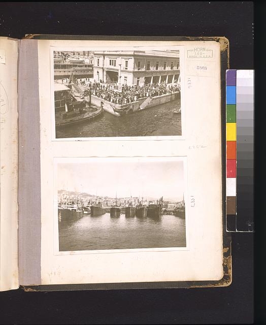 [People gathered on quay, Genoa, Italy] [Ships in port,...