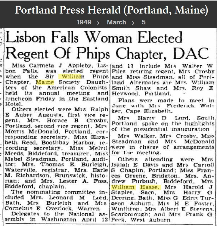 Bessie Vaughn (Staples) Haase--Portland Press Herald (Portland, Maine)(5 mar 1949)