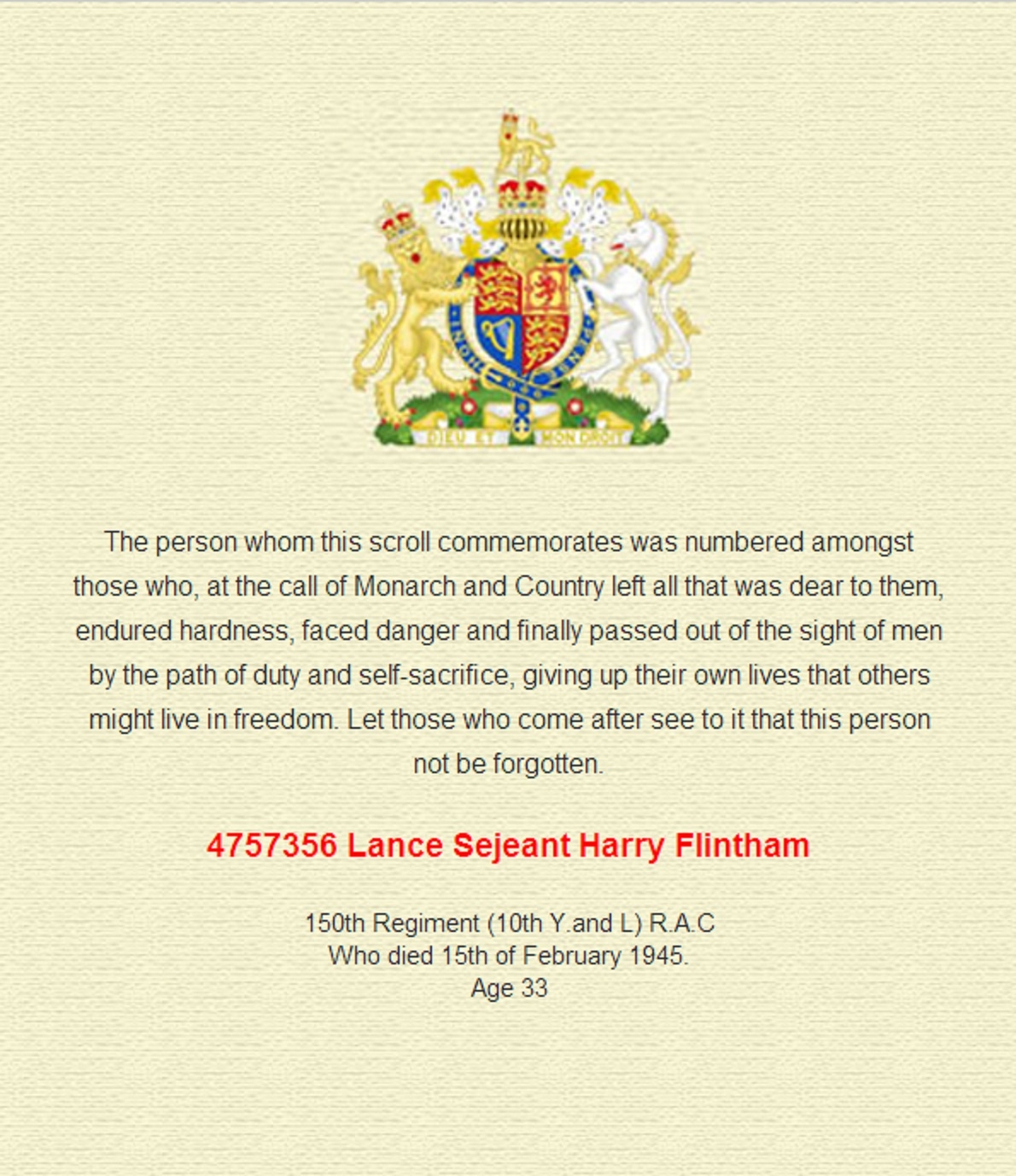 Harry Flintham scroll