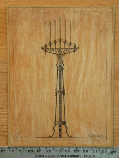 [Design drawing for metalwork: Seven-light candelabra]